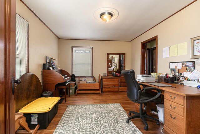 home office featuring wood finished floors and crown molding