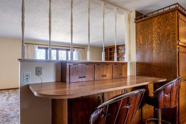 bar with a textured ceiling, a dry bar, and carpet