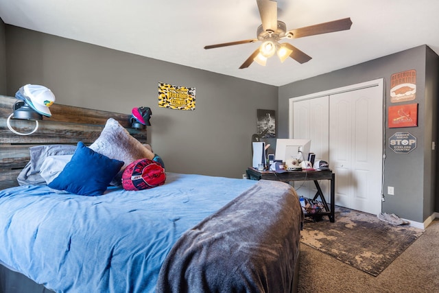 bedroom featuring a ceiling fan, a closet, carpet floors, and baseboards