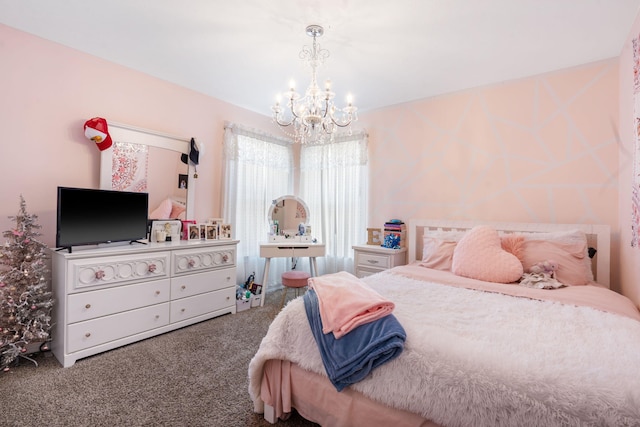 carpeted bedroom featuring a chandelier