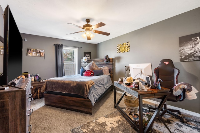 bedroom with light carpet, visible vents, baseboards, and ceiling fan