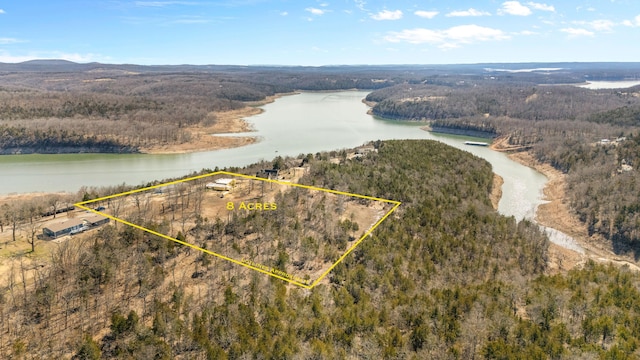 bird's eye view featuring a water view and a wooded view