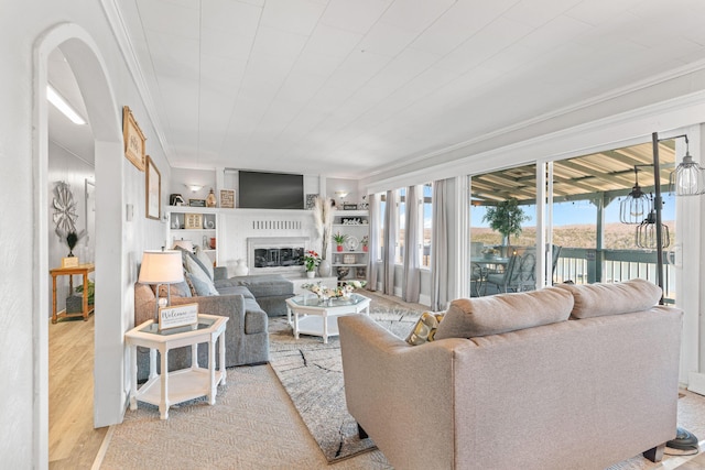 living area featuring built in features, ornamental molding, wood finished floors, and a glass covered fireplace