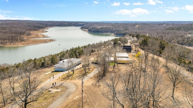 bird's eye view with a forest view and a water view