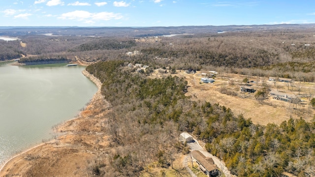 birds eye view of property with a water view and a forest view