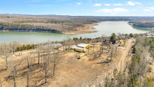 drone / aerial view with a water view and a wooded view