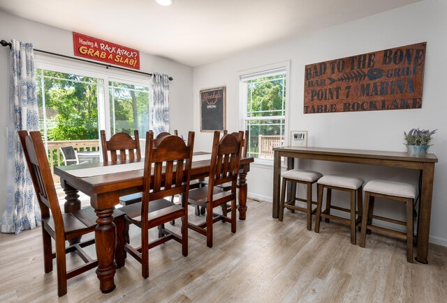 dining room featuring plenty of natural light, baseboards, and light wood-style flooring