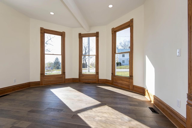 entryway featuring baseboards, visible vents, dark wood-type flooring, beam ceiling, and recessed lighting