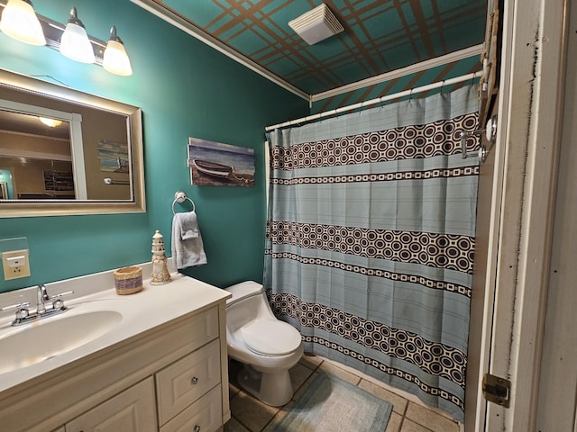 full bathroom with ornamental molding, a shower with shower curtain, vanity, and toilet