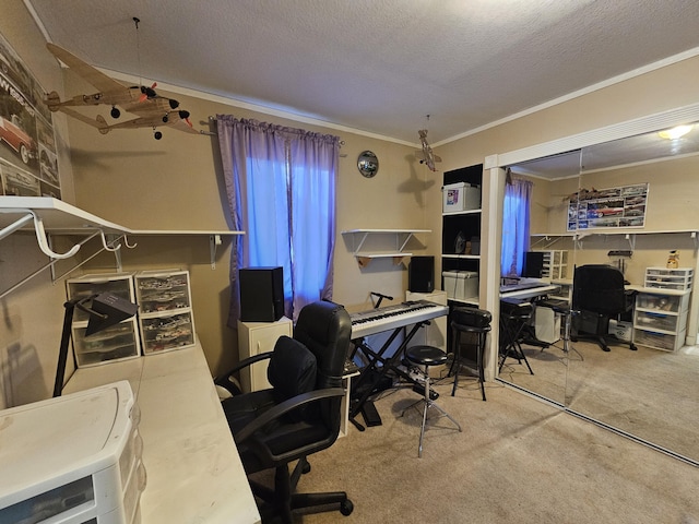 carpeted home office with a textured ceiling and ornamental molding