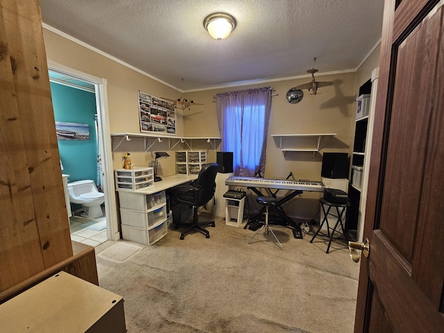 office with a textured ceiling, ornamental molding, and carpet flooring