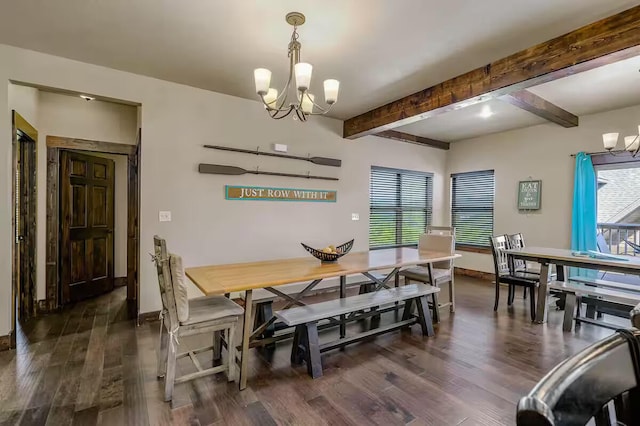 dining room featuring a chandelier, dark wood-style flooring, beam ceiling, and baseboards