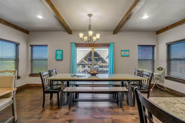 dining room with dark wood-style floors, baseboards, beam ceiling, and a notable chandelier