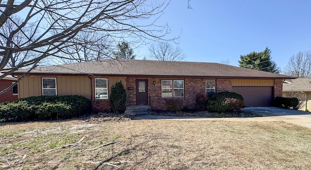 ranch-style house with a shingled roof, concrete driveway, brick siding, and an attached garage