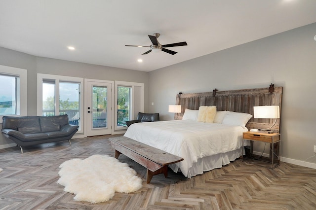 bedroom featuring access to outside, baseboards, a ceiling fan, and recessed lighting