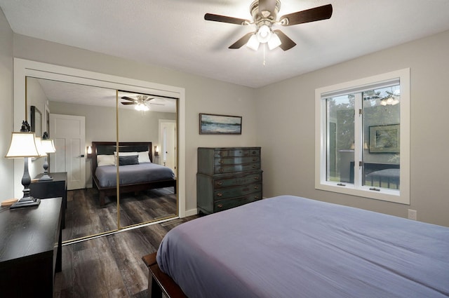 bedroom with a closet, a ceiling fan, and wood finished floors