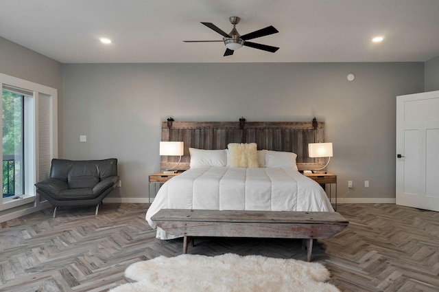 bedroom featuring a ceiling fan, recessed lighting, and baseboards