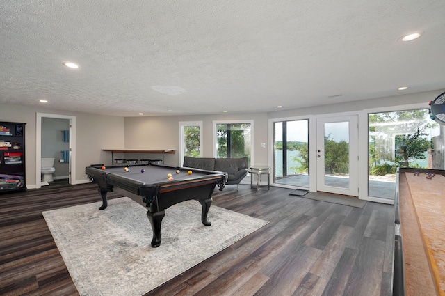 rec room featuring baseboards, dark wood-style floors, pool table, a textured ceiling, and recessed lighting