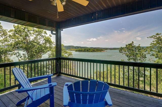 wooden deck featuring ceiling fan and a water view