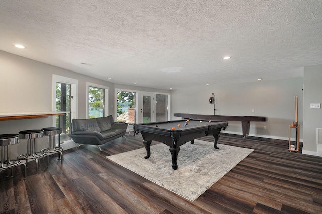 recreation room featuring billiards, recessed lighting, wood finished floors, and baseboards