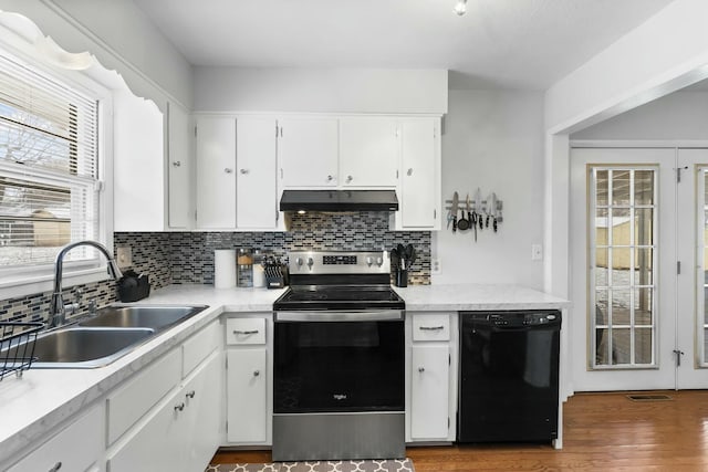 kitchen with white cabinets, a sink, stainless steel range with electric stovetop, dishwasher, and under cabinet range hood