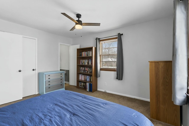 bedroom featuring ceiling fan, baseboards, and carpet flooring