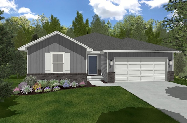 view of front facade featuring a garage, driveway, a shingled roof, and a front yard