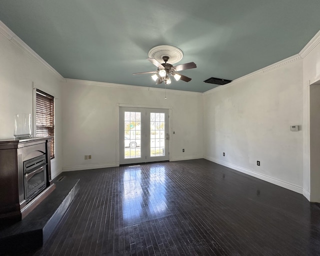 unfurnished living room featuring baseboards, dark wood finished floors, a glass covered fireplace, ceiling fan, and ornamental molding