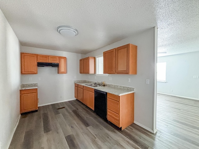 908 Jefferson Ave, Joplin, MO 64801 - kitchen with under cabinet range hood, a sink, wood finished floors, black dishwasher, and light countertops