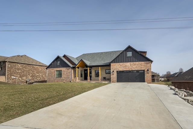 modern farmhouse featuring brick siding, roof with shingles, board and batten siding, a front yard, and driveway