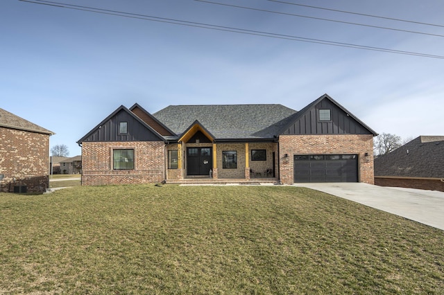 modern farmhouse style home with board and batten siding, brick siding, and a front lawn