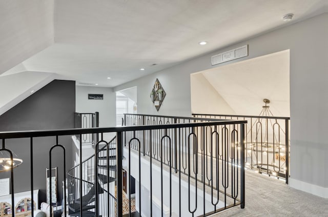 hall featuring carpet floors, recessed lighting, and baseboards