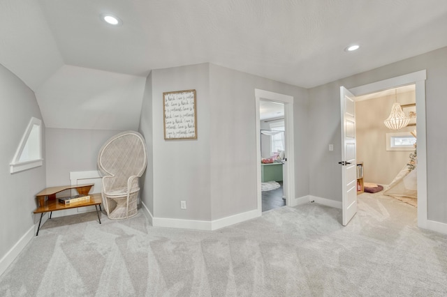 additional living space featuring vaulted ceiling, recessed lighting, carpet, and baseboards