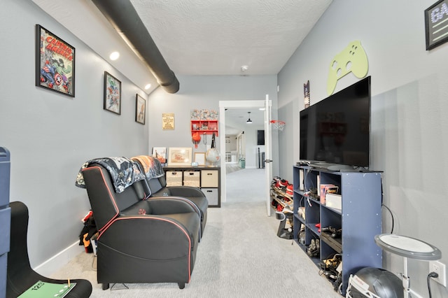 carpeted living room featuring baseboards and a textured ceiling