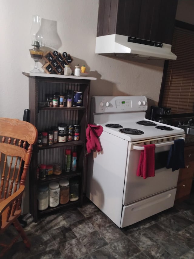 kitchen with white electric range and under cabinet range hood