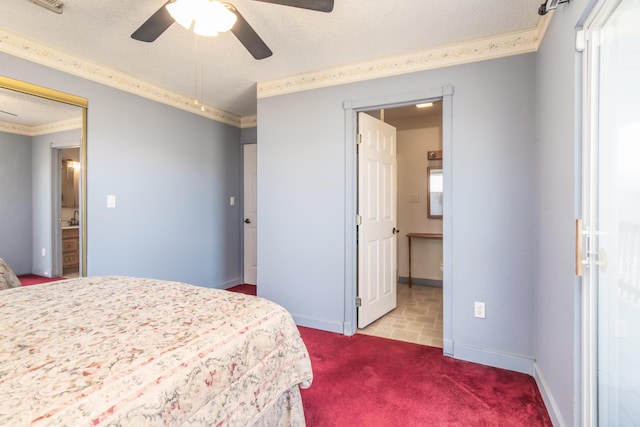 bedroom featuring baseboards, connected bathroom, crown molding, a textured ceiling, and carpet flooring