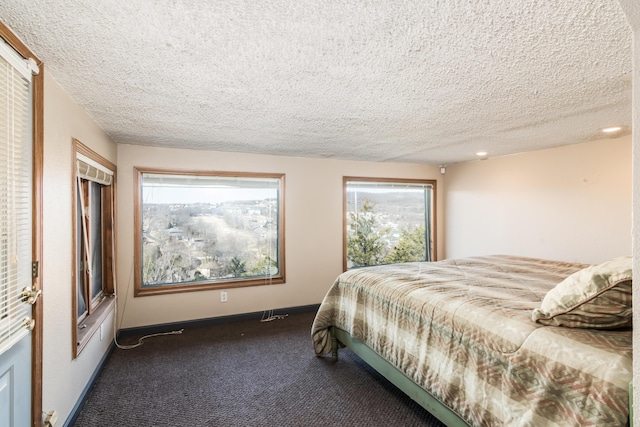 bedroom featuring carpet floors, multiple windows, a textured ceiling, and baseboards