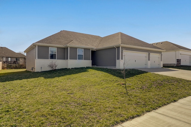 single story home with driveway, roof with shingles, an attached garage, and a front yard