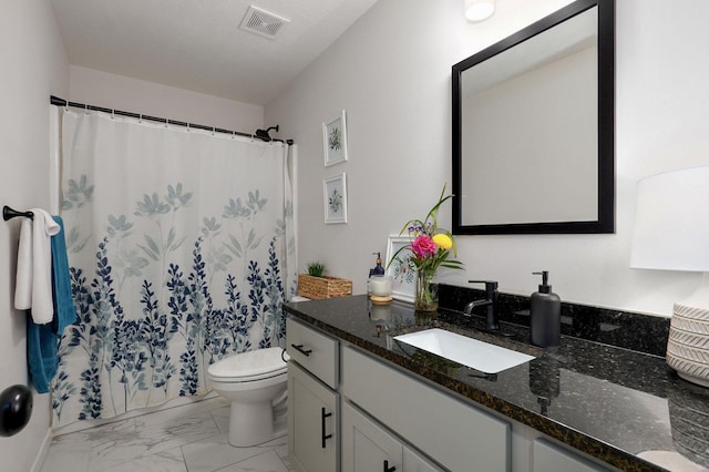 bathroom with visible vents, toilet, a shower with curtain, marble finish floor, and vanity