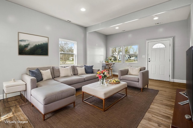 living room featuring baseboards, wood finished floors, a healthy amount of sunlight, and recessed lighting
