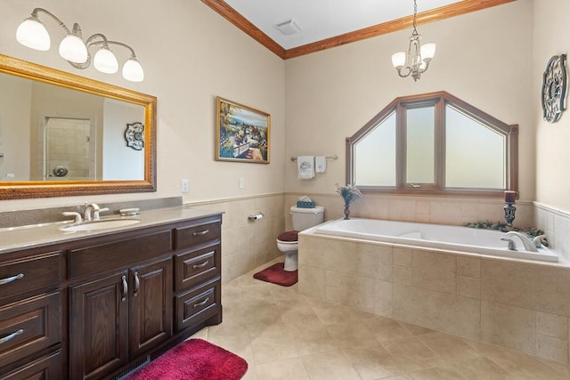 full bathroom featuring toilet, vanity, visible vents, ornamental molding, and a bath