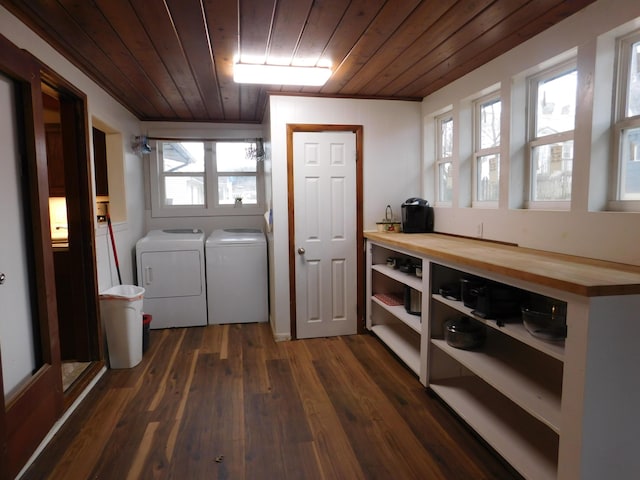 laundry area with wooden ceiling, laundry area, dark wood-style floors, and washing machine and clothes dryer