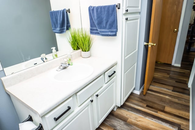 bathroom with wood finished floors and vanity