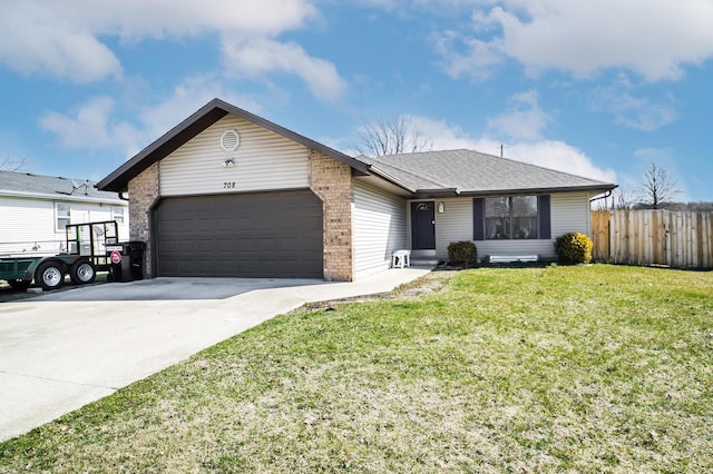 ranch-style home with a garage, brick siding, fence, driveway, and a front yard