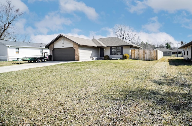 view of front of house featuring a garage, brick siding, concrete driveway, fence, and a front yard