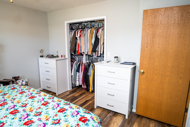 bedroom featuring dark wood-style flooring and a closet