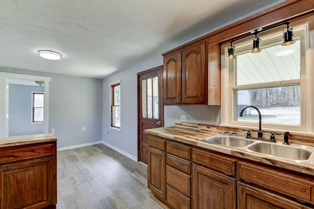 kitchen with baseboards, a textured ceiling, a sink, and a healthy amount of sunlight