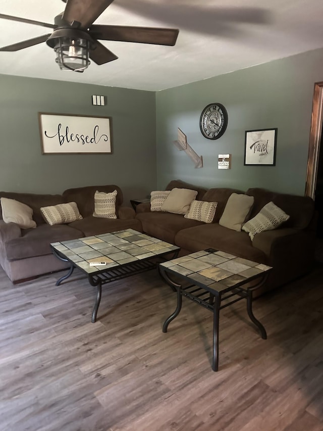 living area featuring a ceiling fan and wood finished floors