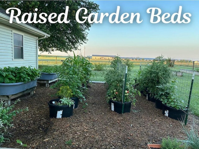 view of yard with a garden, fence, and a rural view