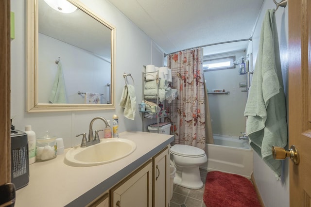 bathroom with toilet, shower / bathtub combination with curtain, tile patterned flooring, and vanity